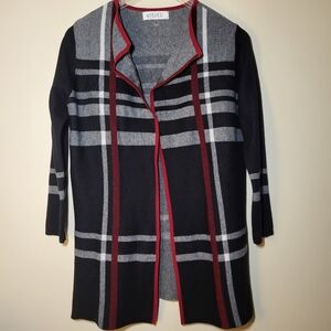 Kasper Women's Geometric Black & Gray Open-front Cardigan with Red Trim
